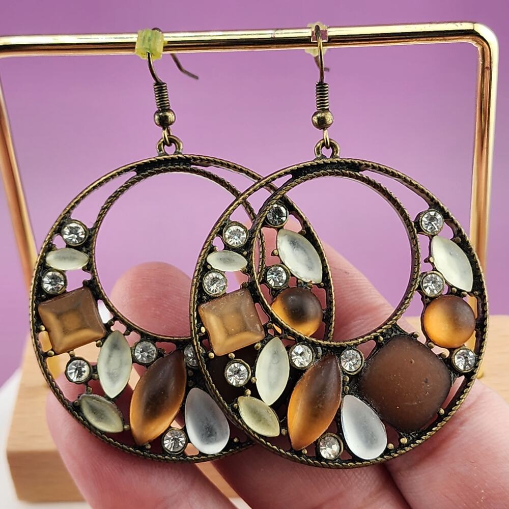Brown Cream Cabochon Rhinestone Hoop Drop Earrings Large Boho Statement Pair